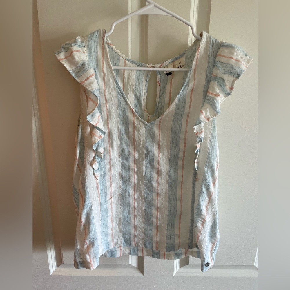 Women’s Roxy white/blue/peach striped ruffle top size large